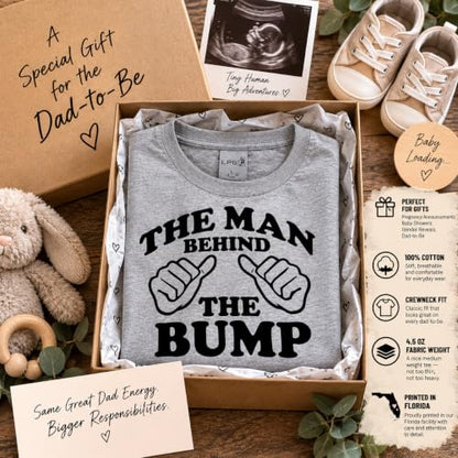 The Man Behind the Bump Pregnancy Announcement Cotton T-Shirt Father Gift - color: Heather Grey, size: Medium