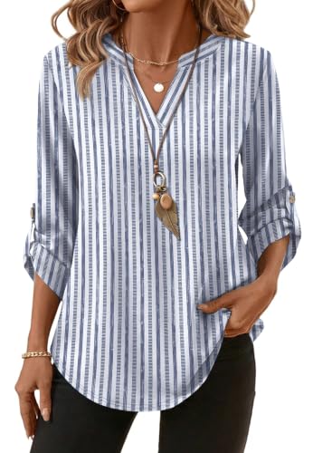 XIEERDUO 3/4 Length Sleeve Womens Tops V Neck T Shirts Both Side Buttons Blouses Business Casual Outfits Loose Fit - color: Z Blue Stripe, size: 3X-Large