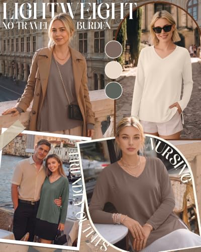 Riyiper 3 Pack Women's Nursing Shirts for Breastfeeding - color: Coffee, Cream, Dark Green, size: Large