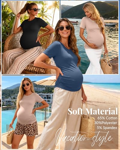 Ficerd 3 Pack Women's Maternity Side Ruched T-Shirts - color: Black, Haze Blue, Khaki, size: X-Large