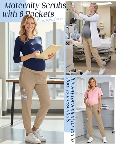 Xaatren Women's Maternity Scrub Joggers Pants with 6 Pockets - color: Apricot, size: Medium