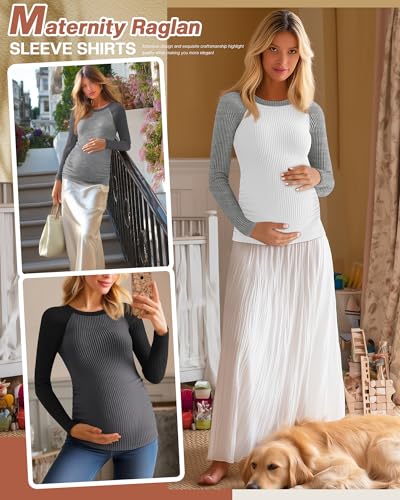 Neer 3 Pack Maternity Long Sleeve Shirts Ribbed Pregnancy Tops - color: Dark Gray, Light Heather Gray, White, size: Medium