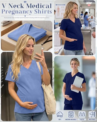 Neer 2 Pack Maternity Scrub Tops for Women - color: Light Blue, Navy Blue, size: Medium
