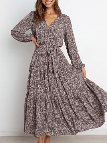 PRETTYGARDEN Womens Long Sleeve Boho Floral Wrap Maxi Dress - color: Brown, size: X-Large