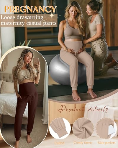 3 Pack Womens Maternity Pants Loose Pregnancy Joggers - color: Khaki, Dark Brown, Black, size: Medium