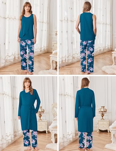 Ekouaer Maternity Pajamas Nursing Robe Set 3 Pieces Post Partum Lounge Sets - color: Lake Blue, size: Small