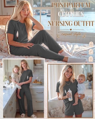 3 Piece Postpartum Nursing Pajamas Set Nursing Lounge Set - color: Dark Gray, size: X-Large