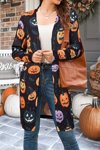 OUGES Women's Open Front Cardigan Shirt with Pockets Long Sleeve Lightweight Coat - color: Black-halloween Jack-o'-pumpkin, size: X-Large
