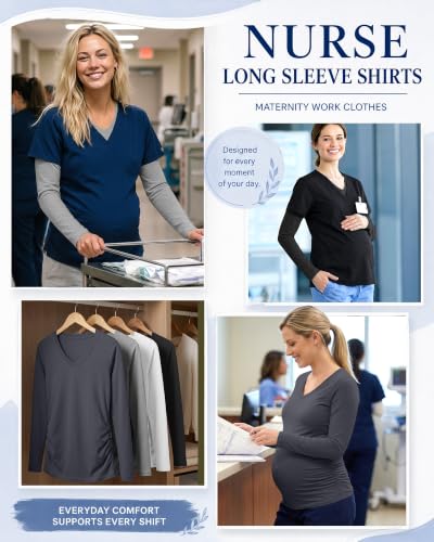 Neer 4 Pack Maternity Long Sleeve V Neck Under Scrub Tops - color: Black, White, Dark Gray, Light Heather Gray, size: Small