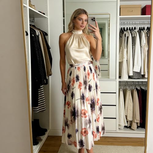 OBBUE Women's Chiffon Pleated Skirt A-line Skirts - color: Beige Flower, size: Medium