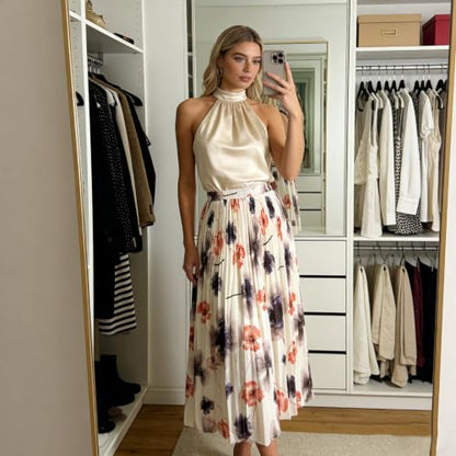 OBBUE Women's Chiffon Pleated Skirt A-line Skirts - color: Beige Flower, size: Medium