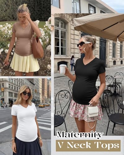 Ficerd 3 Pack Women's Maternity Shirts V Neck Coton Blend Pregnancy Tops Short Sleeve Side Ruched Summer Mama Clothes - color: Black, White, Khaki, size: Large
