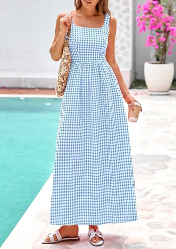 PRETTYGARDEN Women's Summer Gingham Maxi Long Dress - color: Dusty Blue, size: Medium