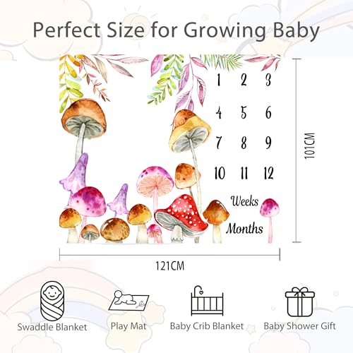 Mushroom Theme Baby Monthly Milestone Blanket, Watercolor, 48x40in - color: Green, size: 48x40in