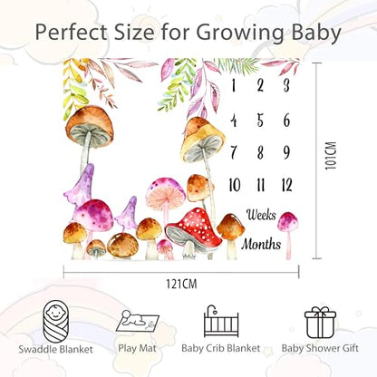 Mushroom Theme Baby Monthly Milestone Blanket, Watercolor, 48x40in - color: Green, size: 48x40in