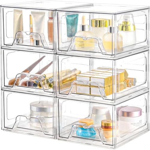 6Pack Acrylic Storage Drawers, Clear Stackable Storage Drawers, Acrylic Storage Bins with Drawers for Fridge Organizers, PlasticDrawers Stackable for Makeup Organizers Cosmetic Display - size: 6Pack Standard