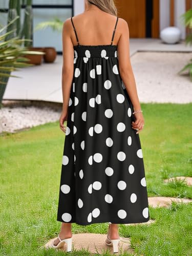 Wenrine Womens Polka Dot Maxi Dress Spaghetti Strap Long Summer Dresses - color: Black, size: Large