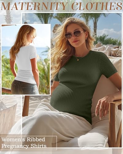 4 Pack Womens Maternity Shirts Work Tees - color: Army Green, White, Light Gray, Black, size: Medium