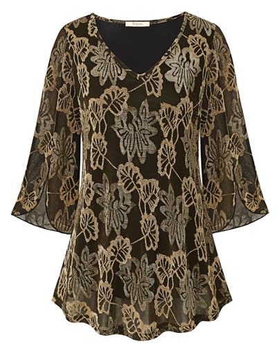 Bebonnie Womens Ruffle 3/4 Sleeve V Neck Double Layers Mesh Blouses Loose Fit Flowy Tunic Tops - color: Black Gold, size: Medium