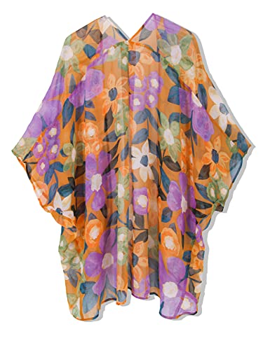 Moss Rose Women's Beach Kimono Coverup Sheer Chiffon Open Front Cover Ups - color: Orange Flora