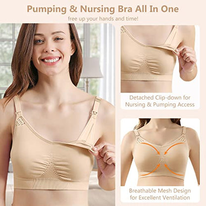 4HOW Pumping Bra Hands Free Nursing Pumping Bra All in One Wireless Padded Maternity Bralette for Large Bust - color: Black+beige, size: Medium