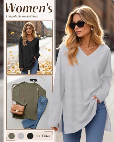 Huukeay 3 Pack Women's Oversized Long Sleeve V Neck Shirts - color: Black, Gray, Army Green, size: Large