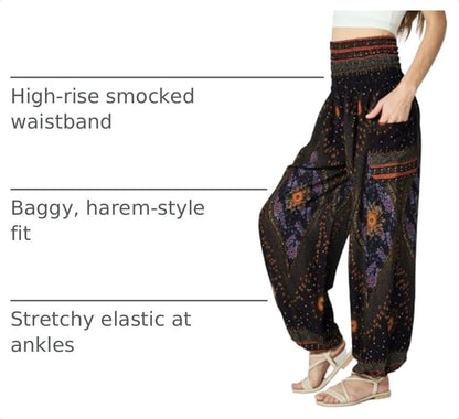 Tranquil Threads High-Waisted Boho Harem Yoga Pants for Women - color: Black Feather, size: X-Large