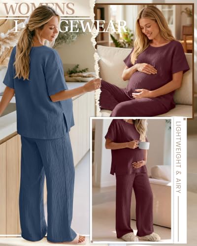 Ficerd 4 Pcs 100% Cotton Muslin Maternity Pajamas Lounge Sets - color: Blue, Wine Red, size: X-Large