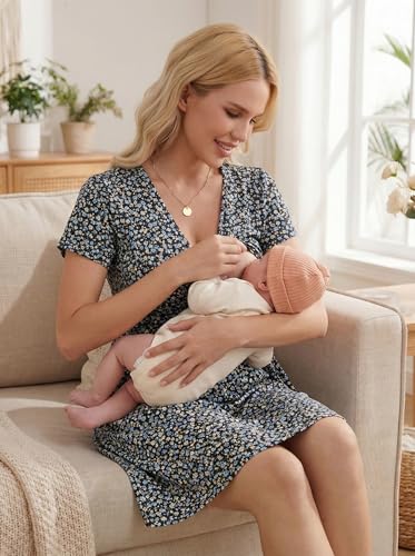 OUGES Women's Wrap V Neck Summer Casual Maternity Nursing Dress - color: Black Blue Floral, size: Small
