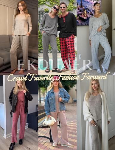 Ekouaer Fall Pajamas for Women Set Long Sleeve V Neck 2 Piece Lounge Sets - color: Grey, size: Medium