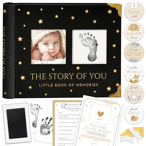 Book Keepsake, Baby Memory Book From Pre-Birth to 5th Year, with 2 Photo Pockets, Milestone Stickers, Hand/Footprint Inkpad, Baby Album and Baby Book for Girls or Boys (Black) - color: Black
