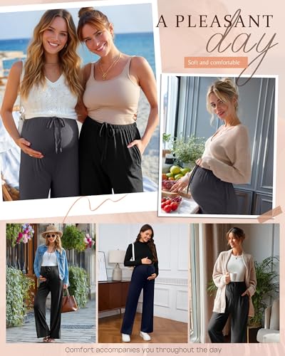 3 Pack Maternity Wide Leg Pants Pregnancy Pants - color: Cement Gray, Navy Blue, Black, size: Medium