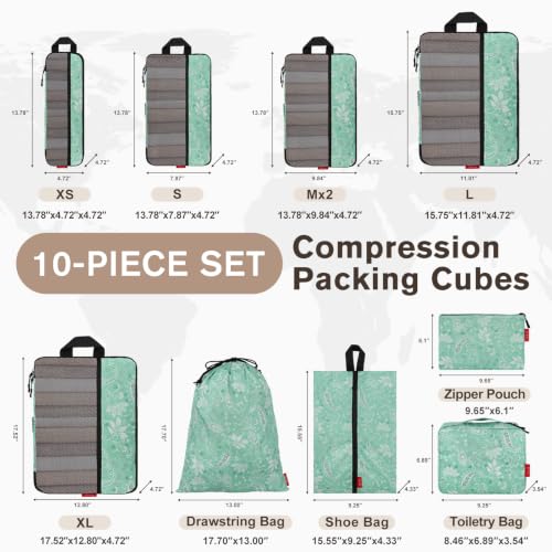 U+U 10 Set Compression Packing Cubes, Travel Organizers (Green Paisley) - color: Green Paisley, size: 10 Set