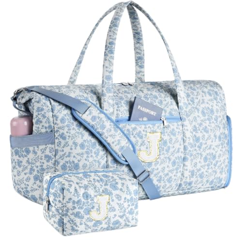Personalized Quilted Duffle Bag for Travel Gym Weekender Hospital Carry On - color: Blue Flower, size: J