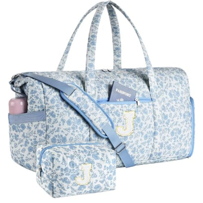 Personalized Quilted Duffle Bag for Travel Gym Weekender Hospital Carry On - color: Blue Flower, size: J