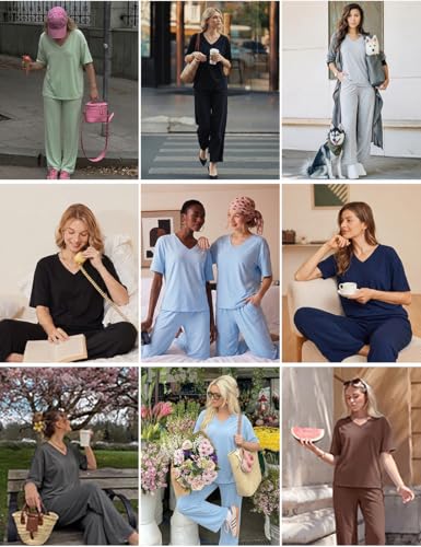Ekouaer Womens Pajama Sets Cotton Short Sleeve Long Pants Lounge Set - color: Light Grey, size: XX-Large