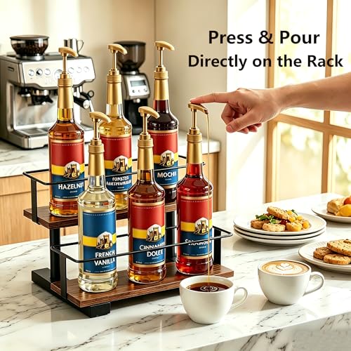 2-Tier Coffee Syrup Rack with Wooden Shelves, Holds 6 Bottles - size: 6-bottle