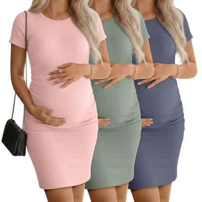 3 Pack Women's Cotton Maternity Dresses - color: Pink, Haze Blue, Gray Green, size: Small