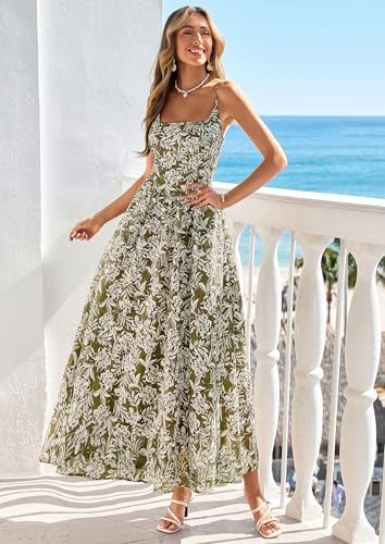 PRETTYGARDEN Women's Summer Boho Maxi Dress A Line Eyelet Floral Sundresses - color: Floral Army Green, size: X-Large