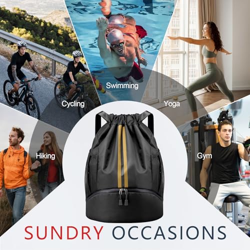 PinCute Gym Bag Drawstring Backpack for Sports, Swim, Workout, Black Gold - color: Black Gold