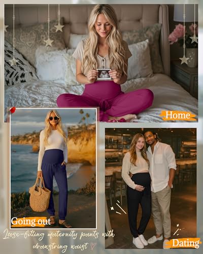 3 Pack Womens Maternity Pants Loose Pregnancy Joggers - color: Fuchsia, Navy Blue, Black, size: Large