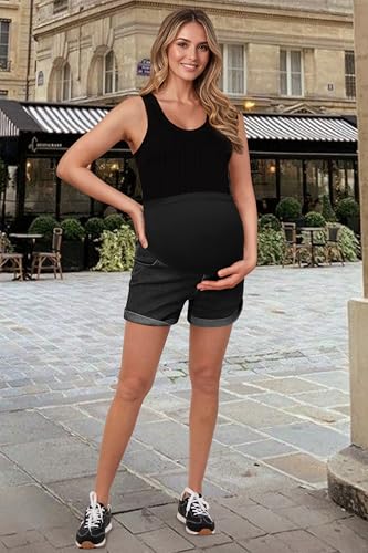 OUGES Womens Summer Maternity Denim Casual Pregnancy Shorts with Pockets - color: Black Grey, size: Medium