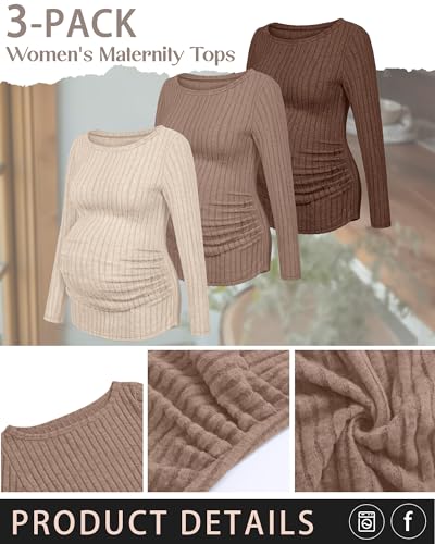 3 Pack Maternity Sweaters Long Sleeve Pregnancy Tops - color: Apricot, Khaki, Dark Brown, size: Medium