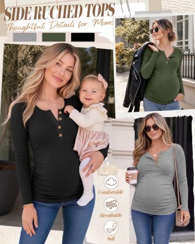 Huukeay 3 Pack Womens Maternity Long Sleeve Shirts - color: Army Green, Light Heather Gray, Black, size: Medium