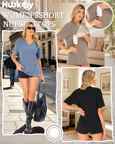 Huukeay 3 Pack Women's V Neck Nursing T-Shirts - color: Blue, Khaki, Black, size: Large