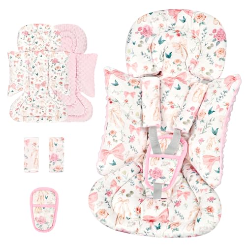 3-in-1 Infant Car Seat Insert, Soft Head and Body Support,Ultra & Strap Covers Set, Reversible Newborn Car Seat Cushion Pad for Baby Boy & Girl fits Stroller, Swing, Bouncer (Pink Bow) - color: Pink Flowers