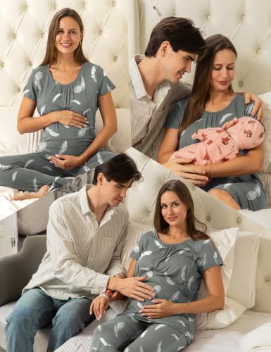 SUNNYBUY 3 PCS Maternity Nursing Sleepwear Set with Nightgown, Top & Pants - color: Grey Feathers, size: Medium