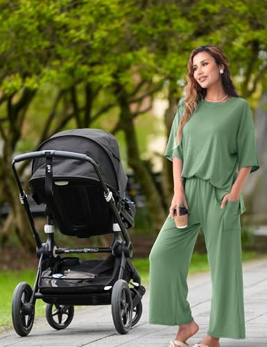 Maternity Lounge Set, 2 Piece Matching Set with Wide Leg Pants - color: Sage Green, size: Medium
