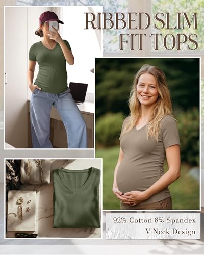 Neer 4 Pack Women's Maternity Shirts Short Sleeve - color: Black, Light Heather Gray, Light Coffee, Army Green, size: Medium