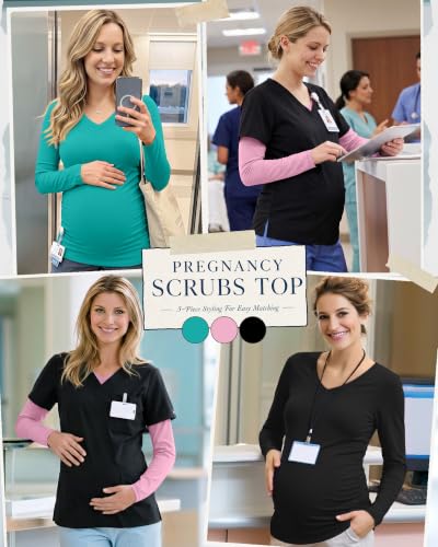 3 Pack Women Maternity Shirts Scrub Tops Side Ruched - color: Black, Lake Green, Light Pink, size: Medium
